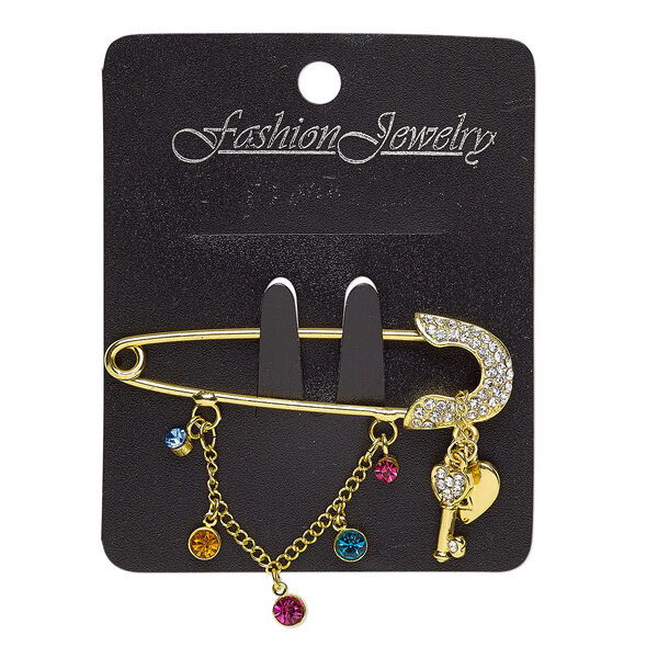 Brooch, glass rhinestone with gold-finished steel and "pewter" (zinc-based alloy), multicolored, 57x20mm safety pin with 1-1/2 inch dangle and heart lock with key. Sold individually. image number 0
