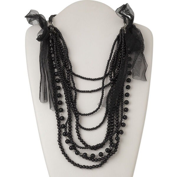 Necklace, mesh ribbon / acrylic / silver-finished steel, black, round, 26-inch continuous loop. Sold individually. image number 0