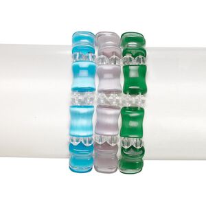 Bracelet, stretch, glass and cat's eye glass (fiber optic glass), assorted colors, 6mm bicone and 15.5x11.5mm bamboo, 6-1/2 inches. Sold per pkg of 3.