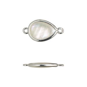 Link, mother-of-pearl shell and imitation rhodium-finished brass (assembled), 14.5x10.5mm-15.5x11.5mm double-sided teardrop. Sold per pkg of 4.