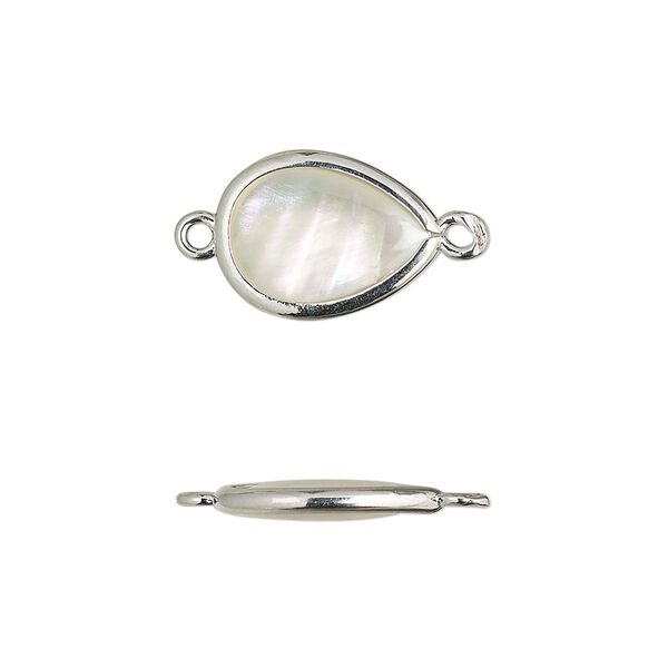Link, mother-of-pearl shell and imitation rhodium-finished brass (assembled), 14.5x10.5mm-15.5x11.5mm double-sided teardrop. Sold per pkg of 4. image number 0