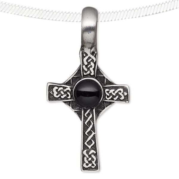 Pendant, acrylic and antiqued pewter (tin-based alloy), black, 46x23mm Celtic cross. Sold individually. image number 0