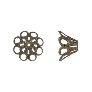 Bead cap, antique gold-plated brass, stamped, 14x8mm fancy basket with cutout pattern, fits 14-18mm bead. Sold per pkg of 20.