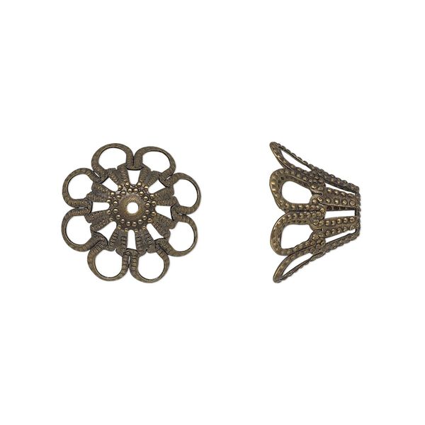 Bead cap, antique gold-plated brass, stamped, 14x8mm fancy basket with cutout pattern, fits 14-18mm bead. Sold per pkg of 20. image number 0
