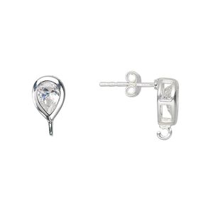 Earstud 1pkg2 sterling silver / cubic zirconia, 10x7mm faceted teardrop / open loop, clear 1 pair