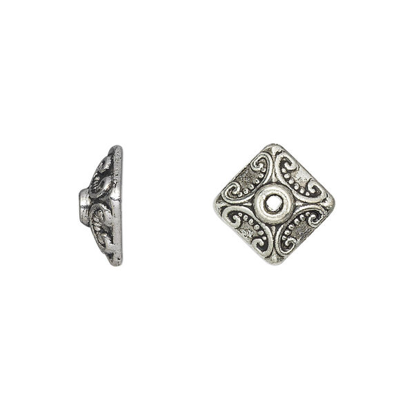 Bead cap, antique silver-plated "pewter" (zinc-based alloy), 11x5mm square, fits 8-12mm bead. Sold per pkg of 20. image number 0