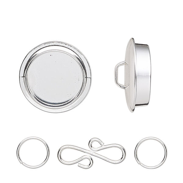 Clasp, silver-plated "pewter" (zinc-based alloy), 25mm round with 19mm non-calibrated round bezel setting and 17x9mm S-hook with (2) 8mm jump rings. Sold individually. image number 0