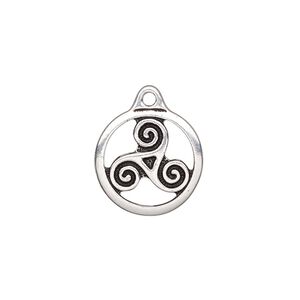 Charm, TierraCast®, antique silver-plated "pewter" (tin-based alloy), 16mm double-sided round with triskele. Sold per pkg of 2.