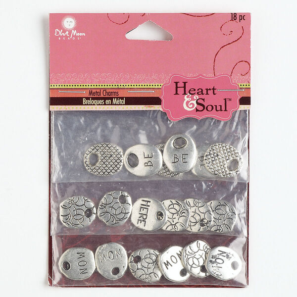 Drop mix, antique silver-finished "pewter" (zinc-based alloy), 13x12mm-14x12mm two-sided oval with (6) "BE," (6) "HERE" and (6) "NOW" with textured designs. Sold per pkg of 18. image number 0