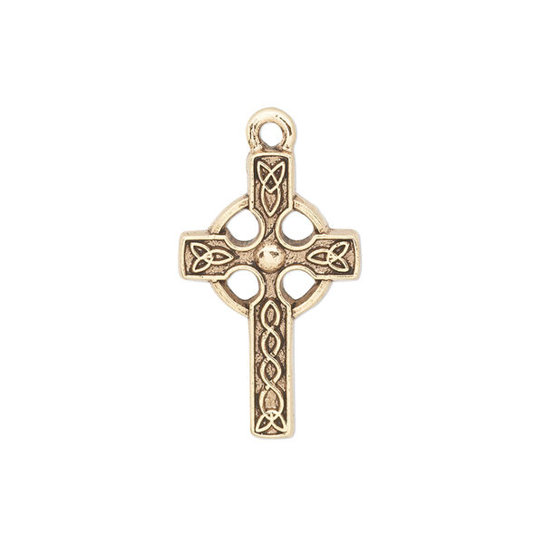 Drop, pewter (tin-based alloy), pkg/1, antique gold plate, 24x15mm single-sided Celtic cross. image number 0