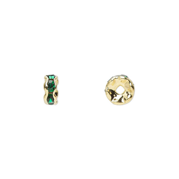 Bead, glass rhinestone and gold-finished brass, emerald green, 6x3mm rondelle. Sold per pkg of 10. image number 0