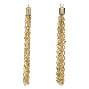Focal, gold-finished brass, 3 x 1/4 inch long and short chain tassel. Sold per pkg of 2.