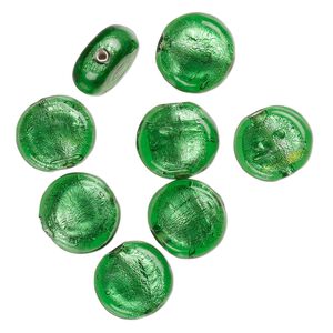 Bead, lampworked glass, opaque green, 15x8mm-13x6mm flat round with silver-colored foil. Sold per pkg of 8.