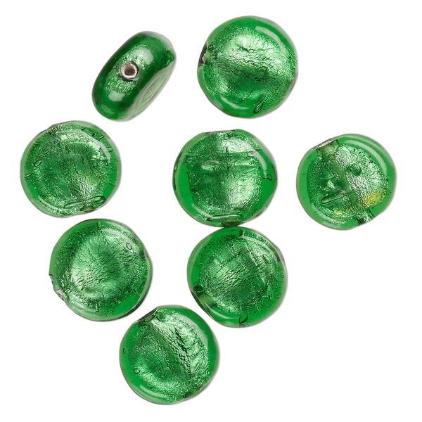 Bead, lampworked glass, opaque green, 15x8mm-13x6mm flat round with silver-colored foil. Sold per pkg of 8. image number 0
