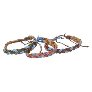 Bracelet, cotton and leather, multicolored, 10mm wide, braided, adjustable from 7-9 inches with macramé knot closure. Sold per pkg of 3.