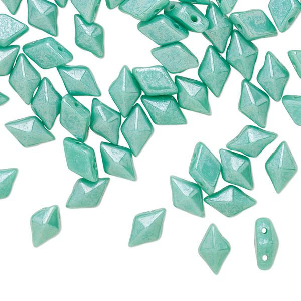 Bead, DiamonDuo™, Czech pressed glass, opaque shimmer green turquoise, 8x5mm faceted diamond with flat back and (2) 0.7-0.8mm holes. Sold per 50-gram pkg, approximately 350 beads. image number 0