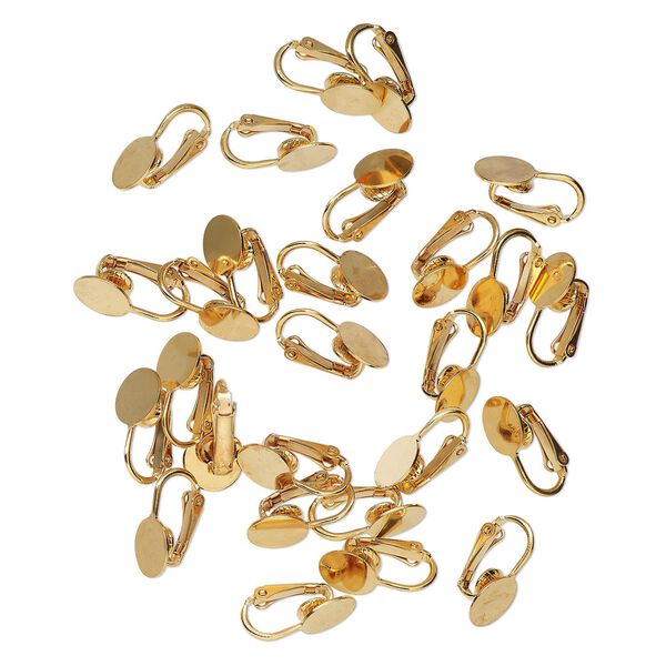 Earring clip-on 1pkg24, 16mm / 10mm round setting, gold-finished brass 12 pair image number 0