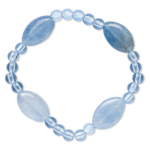 Bracelet, stretch, quartz (dyed) and acrylic, blue, 5mm round and 19x12mm-20x13mm flat marquise, 6-1/2 inches. Sold individually. image number 0