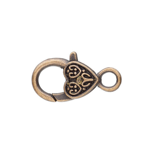 Clasp, lobster claw, antique copper-plated "pewter" (zinc-based alloy), 19.5x12.5mm with double-sided fancy heart design. Sold per pkg of 8. image number 0