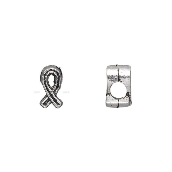 Bead, antique silver-plated "pewter" (zinc-based alloy), 11x6mm double-sided awareness ribbon. Sold per pkg of 20. image number 0
