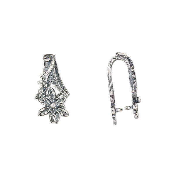 Bail, JBB Findings, ice-pick, antiqued sterling silver, 17x8mm flower, 11mm grip length. Sold individually. image number 0