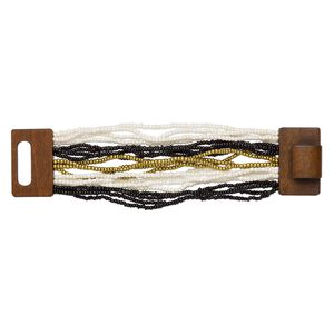Bracelet, multi-strand stretch, glass and stained wood, white / black / gold, 46mm wide, 7 inches with hook-and-eye clasp. Sold individually.