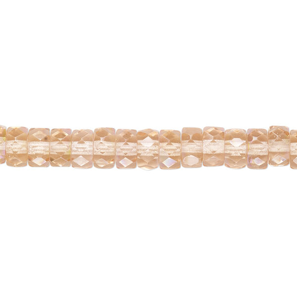 Bead, Czech fire-polished glass, light rose AB, 6x3mm faceted rondelle. Sold per 15-1/2" to 16" strand. image number 0