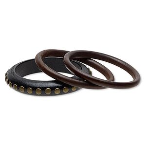 Bracelet, bangle, antique gold-coated plastic with painted and stained wood, black and brown, (1) 16mm wide with round studs and (2) 8mm wide, 8 inches. Sold per pkg of 3.