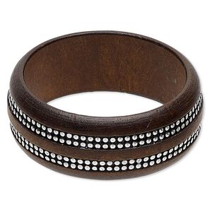 Bracelet, bangle, stained wood and silver-coated plastic, dark brown, 30mm wide with round studs, 7-1/2 inches. Sold individually.