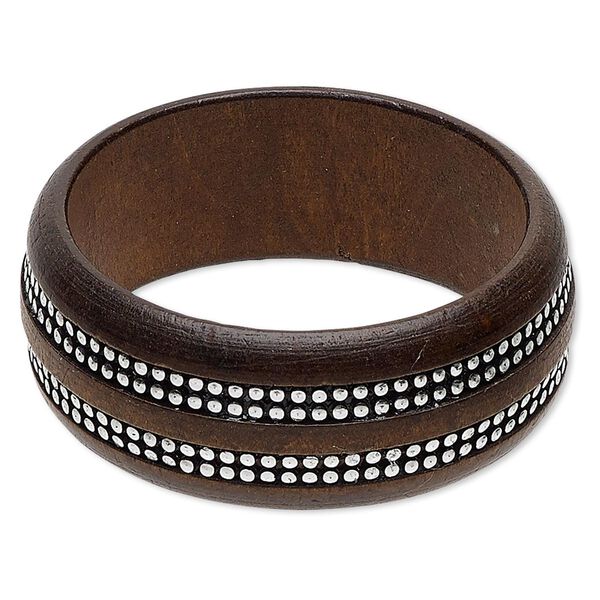 Bracelet, bangle, stained wood and silver-coated plastic, dark brown, 30mm wide with round studs, 7-1/2 inches. Sold individually. image number 0