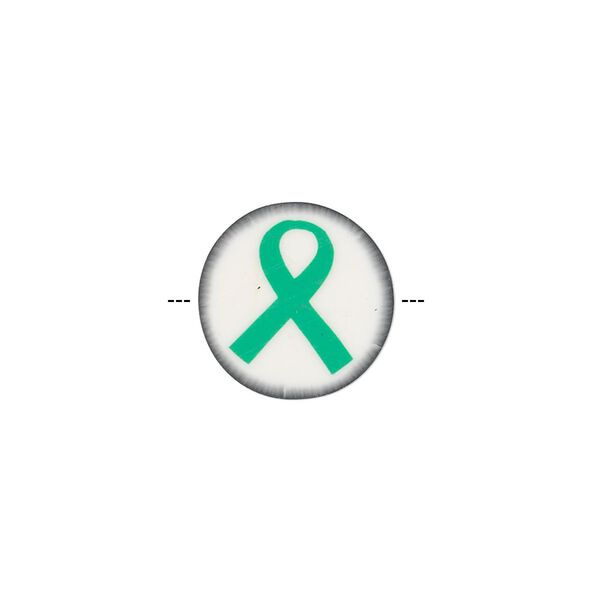 Bead, polymer clay, white / black / green, 14mm double-sided flat round with awareness ribbon. Sold per pkg of 30. image number 0