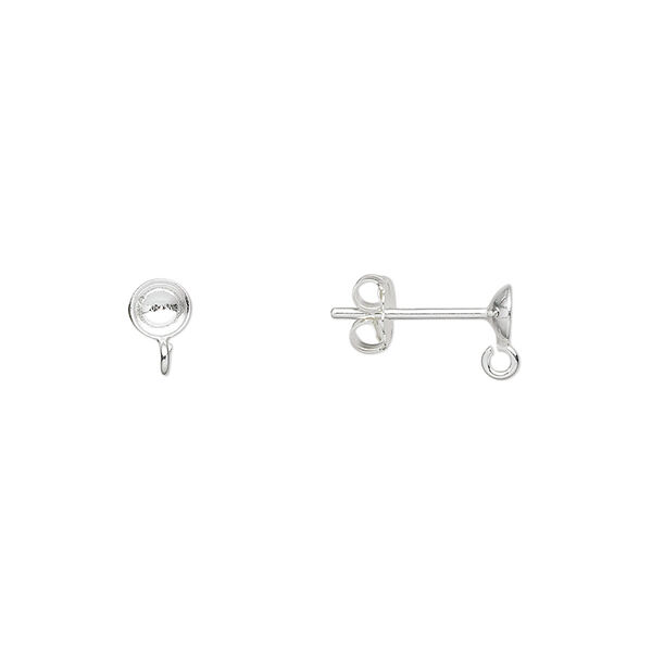 Earstud, sterling silver, 4mm cup with open loop, fits 4-6mm round bead. Sold per pkg of 5 pairs. image number 0