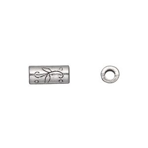Bead, antique silver-plated "pewter" (zinc-based alloy), 12x5mm double-sided tube with vine design. Sold per pkg of 20.