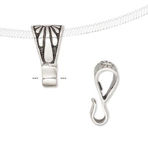 Bail, pendant, antiqued sterling silver, 13x9mm with flower design and loop. Sold per pkg of 2.