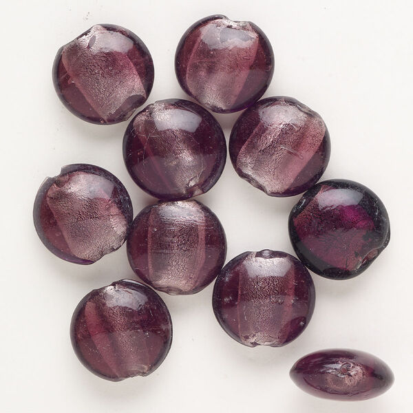 Bead, lampworked glass, opaque and translucent dark purple with silver-colored foil, 19-20mm puffed flat round. Sold per pkg of 10. image number 0