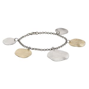 Bracelet, gold-plated / imitation rhodium-finished steel / pewter (tin-based alloy), 20mm and 25mm brushed flat round, 7 inches with lobster claw clasp. Sold individually.