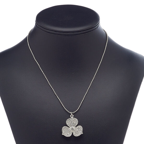 Necklace, glass rhinestone / imitation rhodium-plated steel / brass / "pewter" (zinc-based alloy), clear, 29x28mm flower, 16 inches with 2-inch extender chain and lobster claw clasp. Sold individually. image number 0