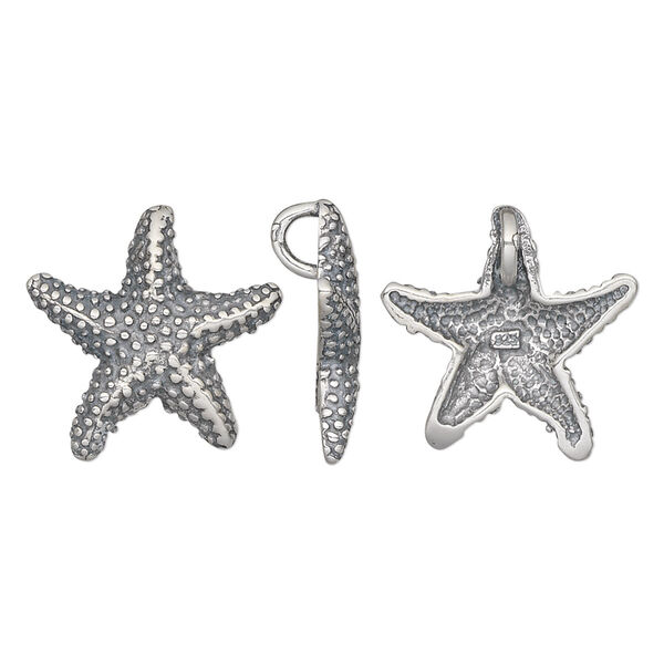 Charm, antiqued sterling silver, 18x18mm single-sided starfish. Sold individually. image number 0