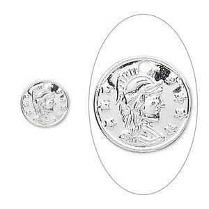 Charm, silver-plated brass, 10mm Roman coin replica. Sold per pkg of 50.