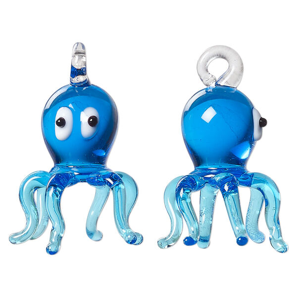 Drop, lampworked glass, blue / white / black, 23x18mm 3D octopus. Sold individually. image number 0