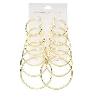 Earring mix, gold-finished steel, mixed sizes, round hoops with hinged closure. Sold per pkg of 6 pairs.