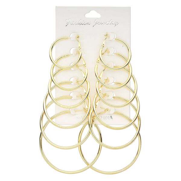 Earring mix, gold-finished steel, mixed sizes, round hoops with hinged closure. Sold per pkg of 6 pairs. image number 0