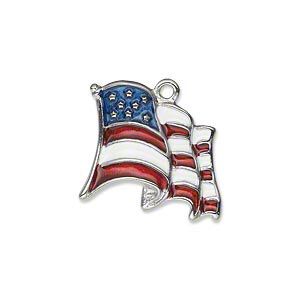 Charm, silver-plated "pewter" (zinc-based alloy) and enamel, red / white / blue, 21mm waving USA flag. Sold individually.