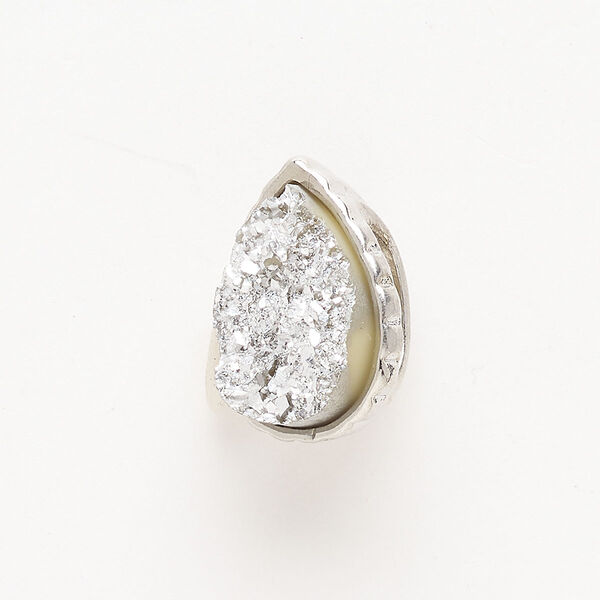 Bead, slide, brass and "druzy" (resin), pkg/1, 21x16mm teardrop, silver finish. image number 0