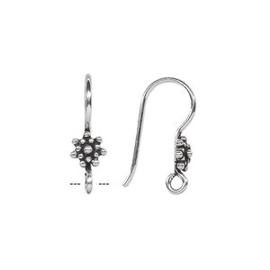 Ear wire fishhook 1pkg4 sterling silver, 19-22mm beaded rondelle / open loop, 18-20 gauge antiqued 2 pair