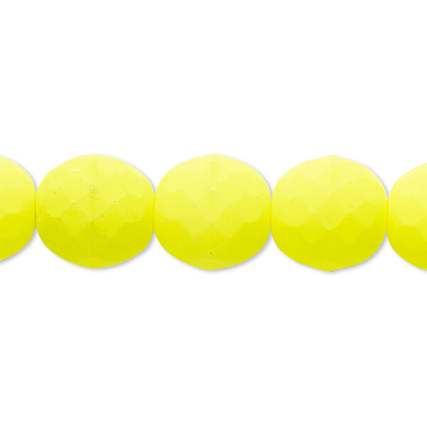 Bead, Preciosa, Czech painted fire-polished glass, matte neon yellow, 12mm faceted round. Sold per 8-inch strand, approximately 15 beads. image number 0