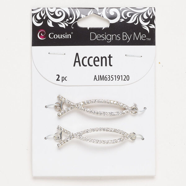 "Pewter" (zinc-based alloy) / glass rhinestone 1pkg2, curved Christian fish focal silver-finish / clear 42x13mm image number 0