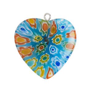 Focal 1pkg1, silver-finished steel / millefiori glass, translucent blue / multicolored, 29-31mm puffed heart.