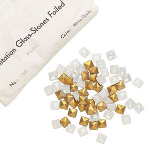 Embellishment, vintage glass, white opal, 8mm faceted square fancy stone. Sold per pkg of 144 (1 gross).