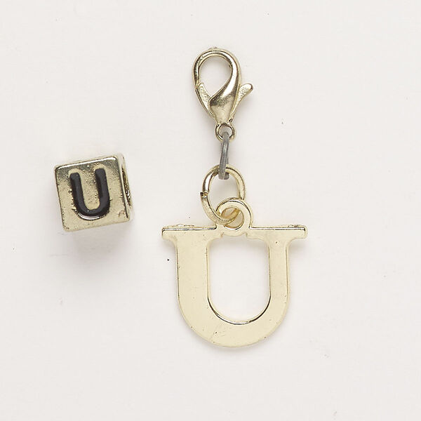 Bead and charm, brass-finished "pewter" (zinc-based alloy) / steel / enamel, black, 7mm cube with alphabet letter "U" and 15x13mm alphabet letter "U" with lobster claw clasp. Sold per pkg of 2. image number 0